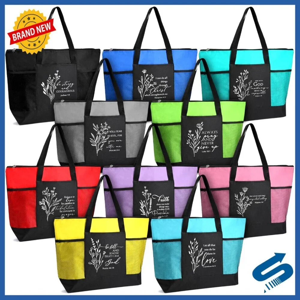 Religious Tote Bags Bulk Set with Zipper Pocket Boho Church Gifts Oxford Cloth